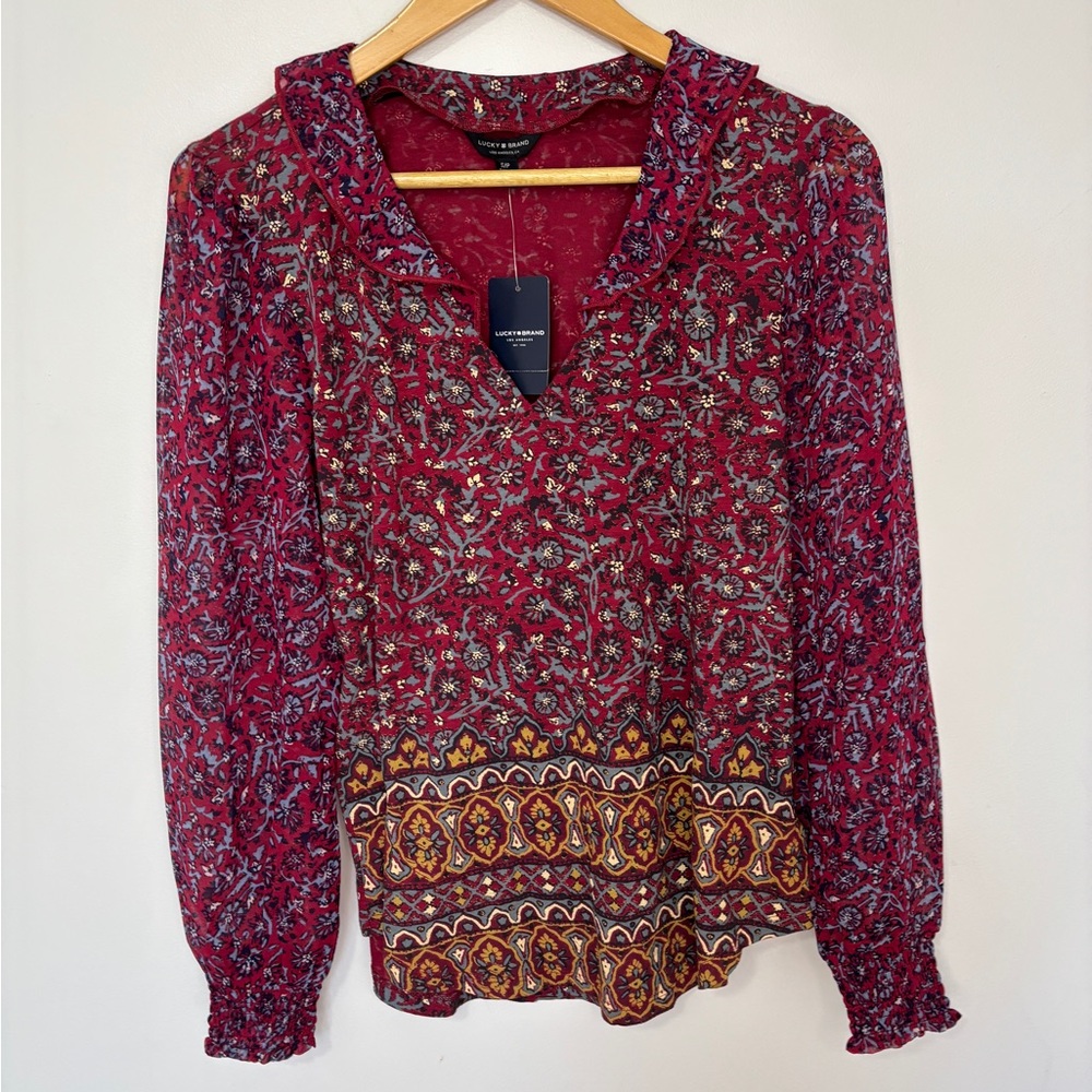 Lucky Brand Women's Red Floral Top Ruffled Nexkline Long Sheer Sleeve Small NWT